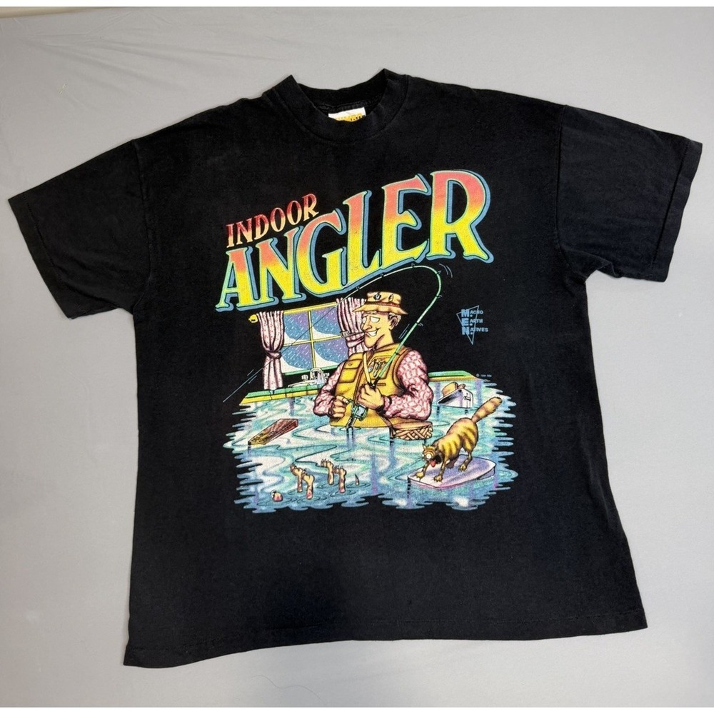 Vintage 1991‎ Indoor Angler Mens Large Blue Single Stitch T Shirt Funny Humor